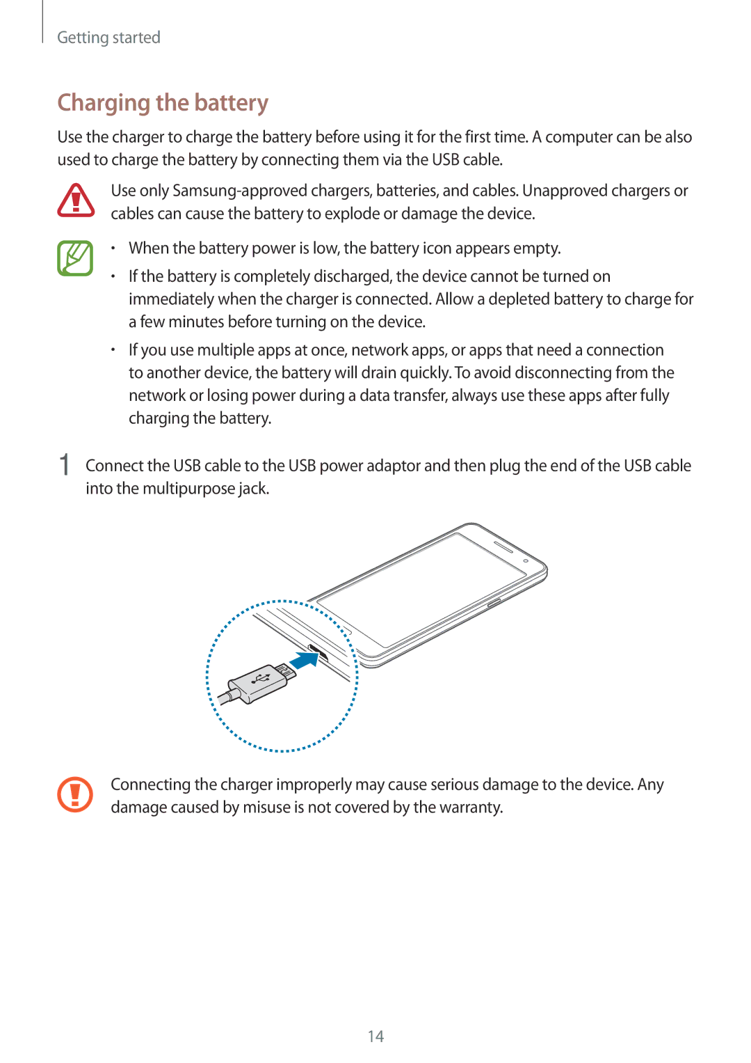 Samsung SM-G531FZAASEE, SM-G531FZWASEE, SM-G531FZDAKSA, SM-G531FZAAKSA, SM-G531FZDASEE, SM-G531FZWAKSA Charging the battery 