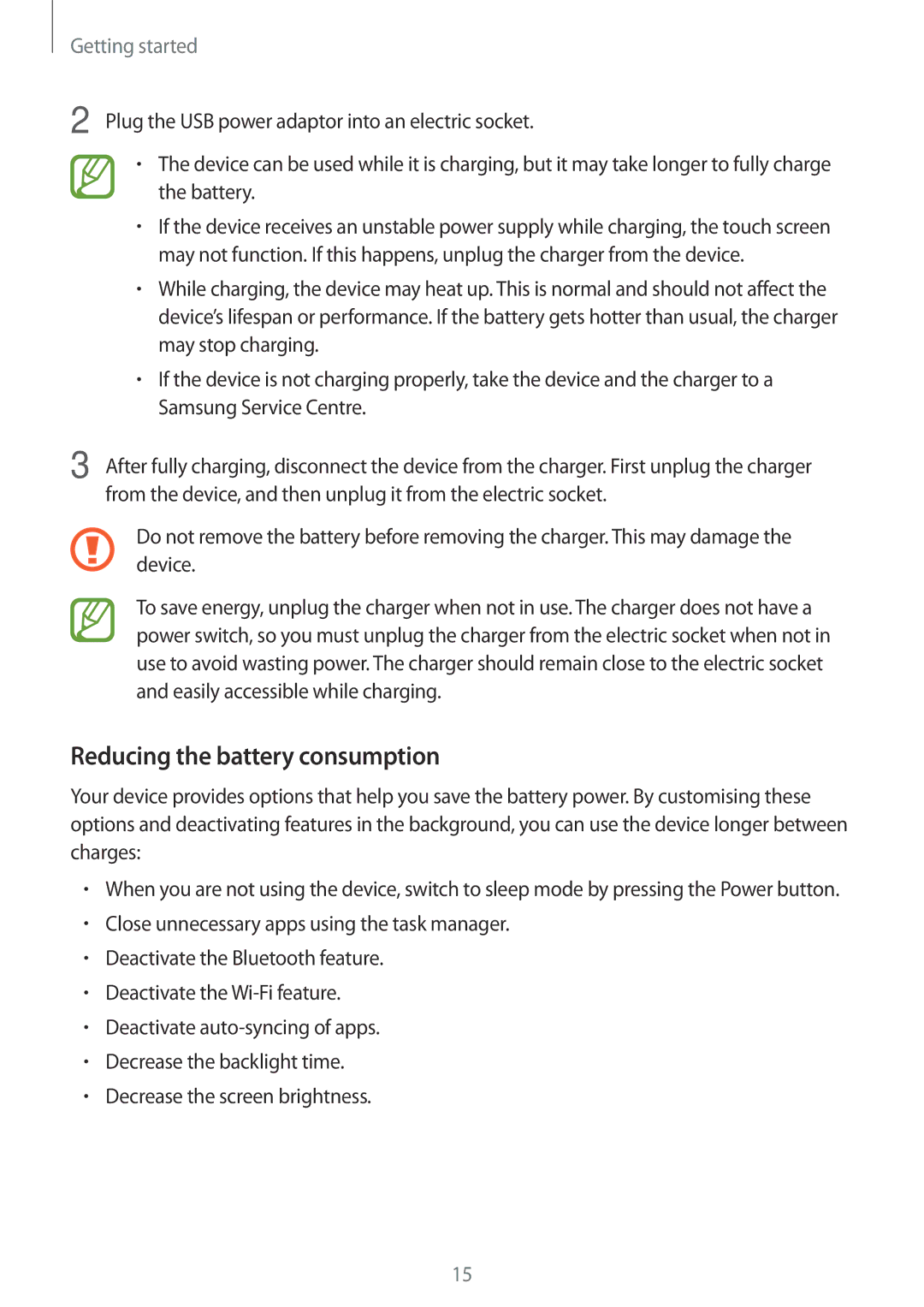 Samsung SM-G531FZAAKSA, SM-G531FZWASEE, SM-G531FZDAKSA, SM-G531FZAASEE, SM-G531FZDASEE manual Reducing the battery consumption 