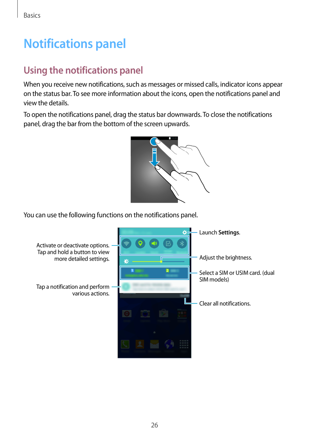 Samsung SM-G531FZAASEE, SM-G531FZWASEE, SM-G531FZDAKSA, SM-G531FZAAKSA Notifications panel, Using the notifications panel 