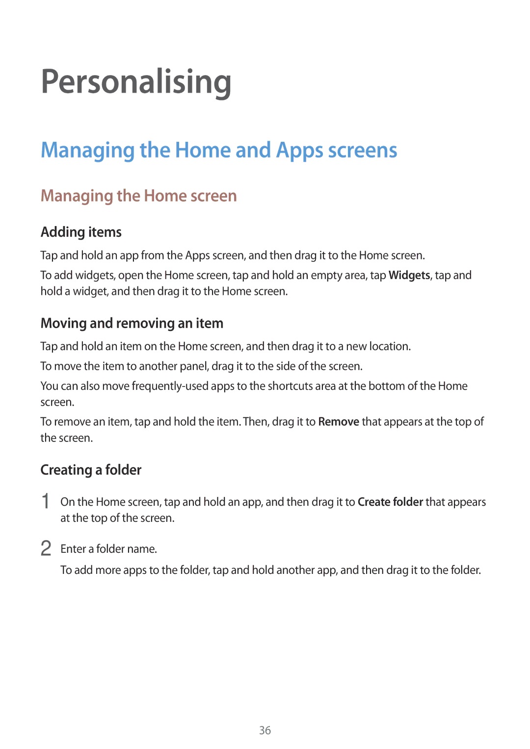 Samsung SM-G531FZWASEE, SM-G531FZDAKSA manual Personalising, Managing the Home and Apps screens, Managing the Home screen 