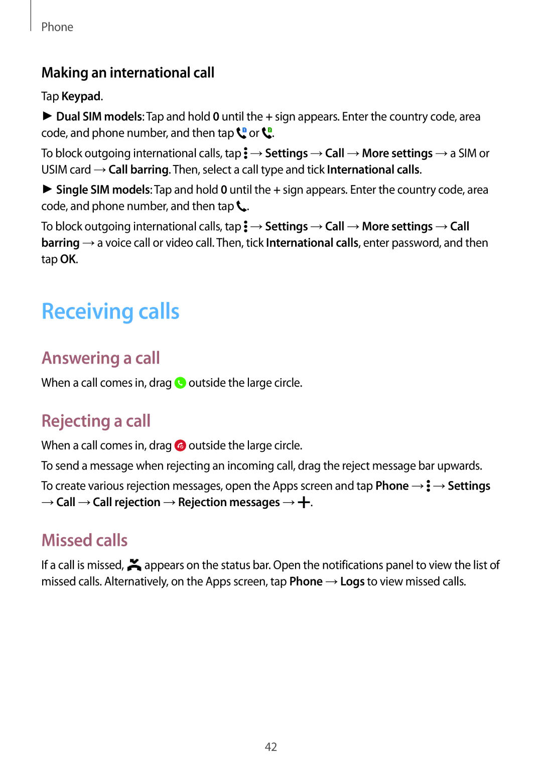Samsung SM-G531FZWASEE Receiving calls, Answering a call, Rejecting a call, Missed calls, Making an international call 