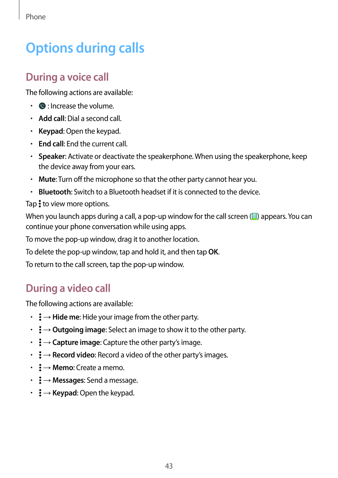 Samsung SM-G531FZDAKSA, SM-G531FZWASEE, SM-G531FZAASEE manual Options during calls, During a voice call, During a video call 