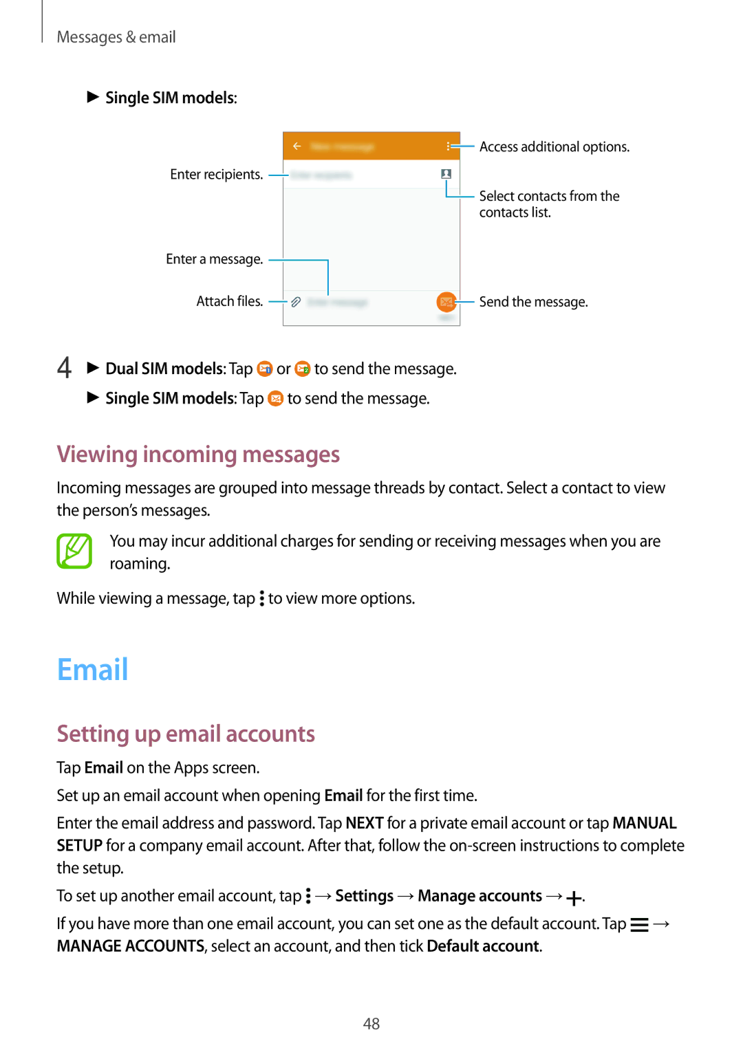 Samsung SM-G531FZWASEE, SM-G531FZDAKSA manual Viewing incoming messages, Setting up email accounts, Single SIM models 