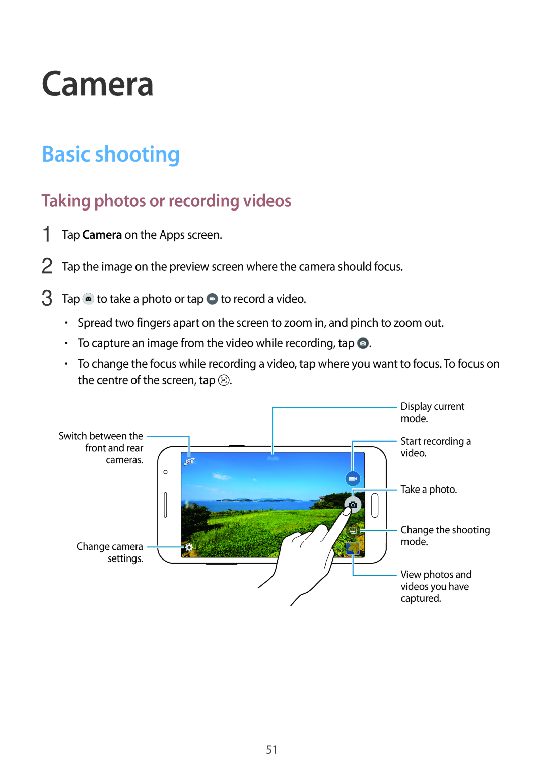 Samsung SM-G531FZAAKSA, SM-G531FZWASEE, SM-G531FZDAKSA manual Camera, Basic shooting, Taking photos or recording videos 