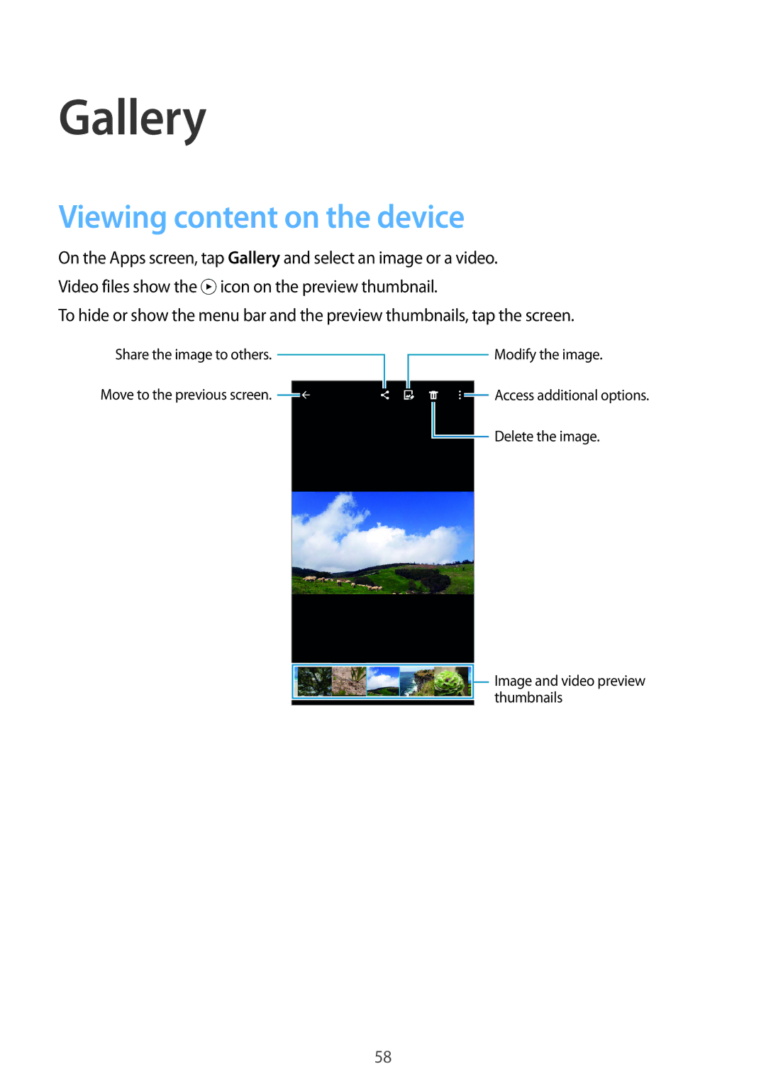 Samsung SM-G531FZDASEE, SM-G531FZWASEE, SM-G531FZDAKSA, SM-G531FZAASEE, SM-G531FZAAKSA Gallery, Viewing content on the device 