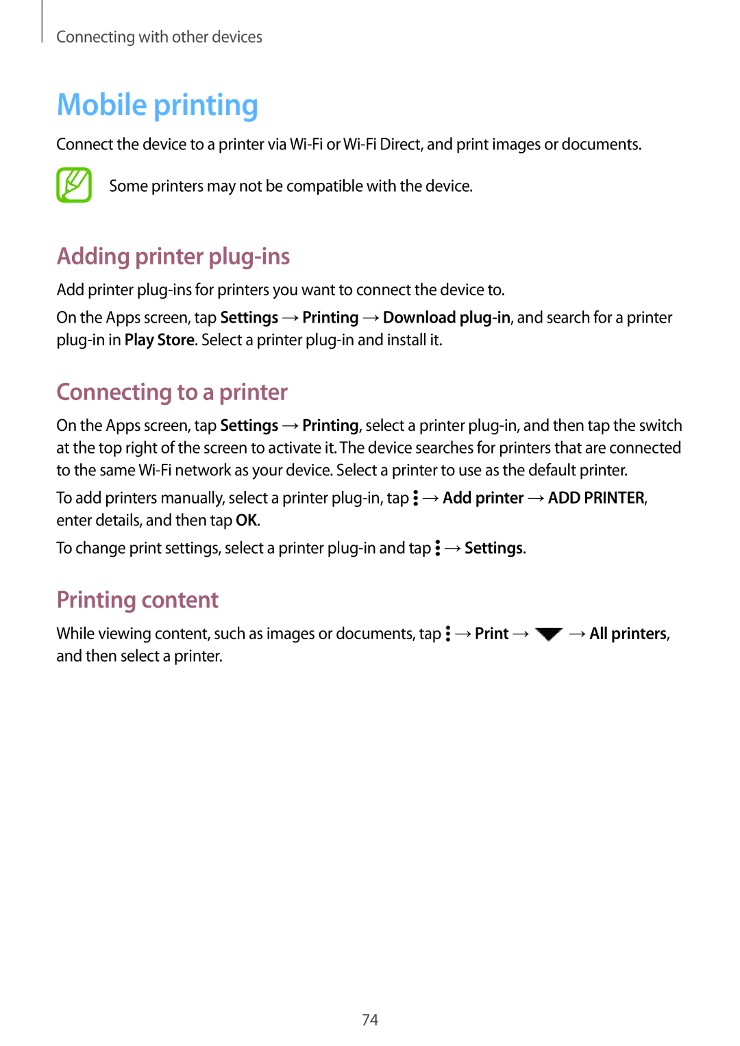 Samsung SM-G531FZAASEE, SM-G531FZWASEE Mobile printing, Adding printer plug-ins, Connecting to a printer, Printing content 