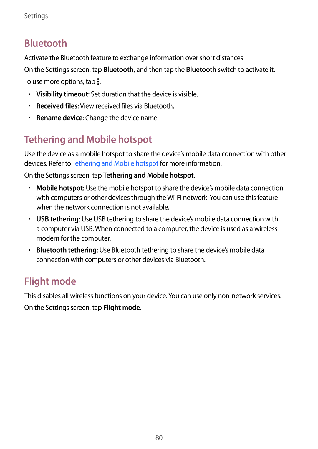 Samsung SM-G531FZAASEE, SM-G531FZWASEE, SM-G531FZDAKSA, SM-G531FZAAKSA Bluetooth, Tethering and Mobile hotspot, Flight mode 