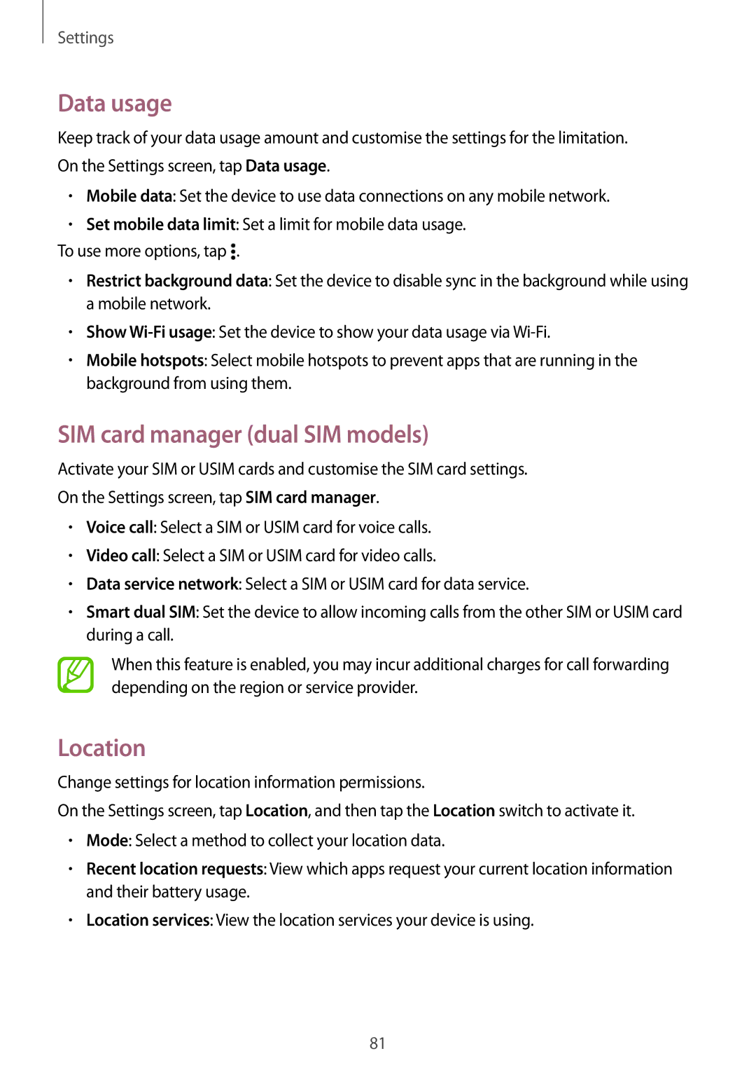 Samsung SM-G531FZAAKSA, SM-G531FZWASEE, SM-G531FZDAKSA manual Data usage, SIM card manager dual SIM models, Location 