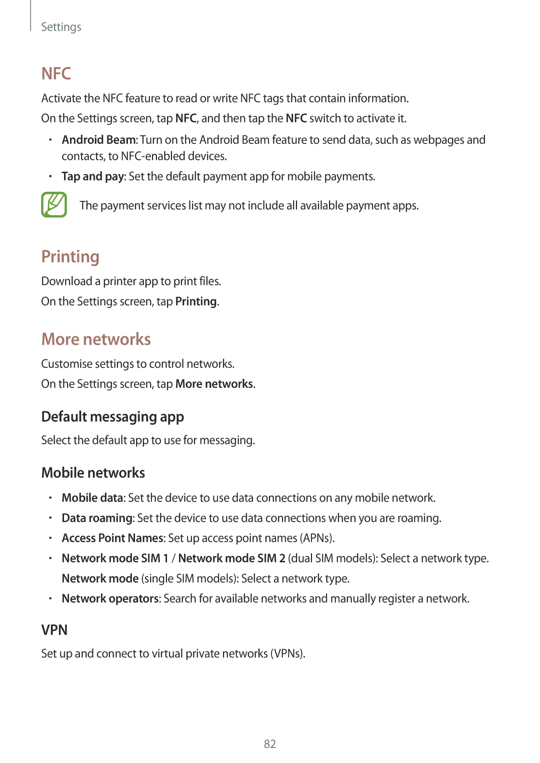 Samsung SM-G531FZDASEE, SM-G531FZWASEE, SM-G531FZDAKSA manual Printing, More networks, Default messaging app, Mobile networks 