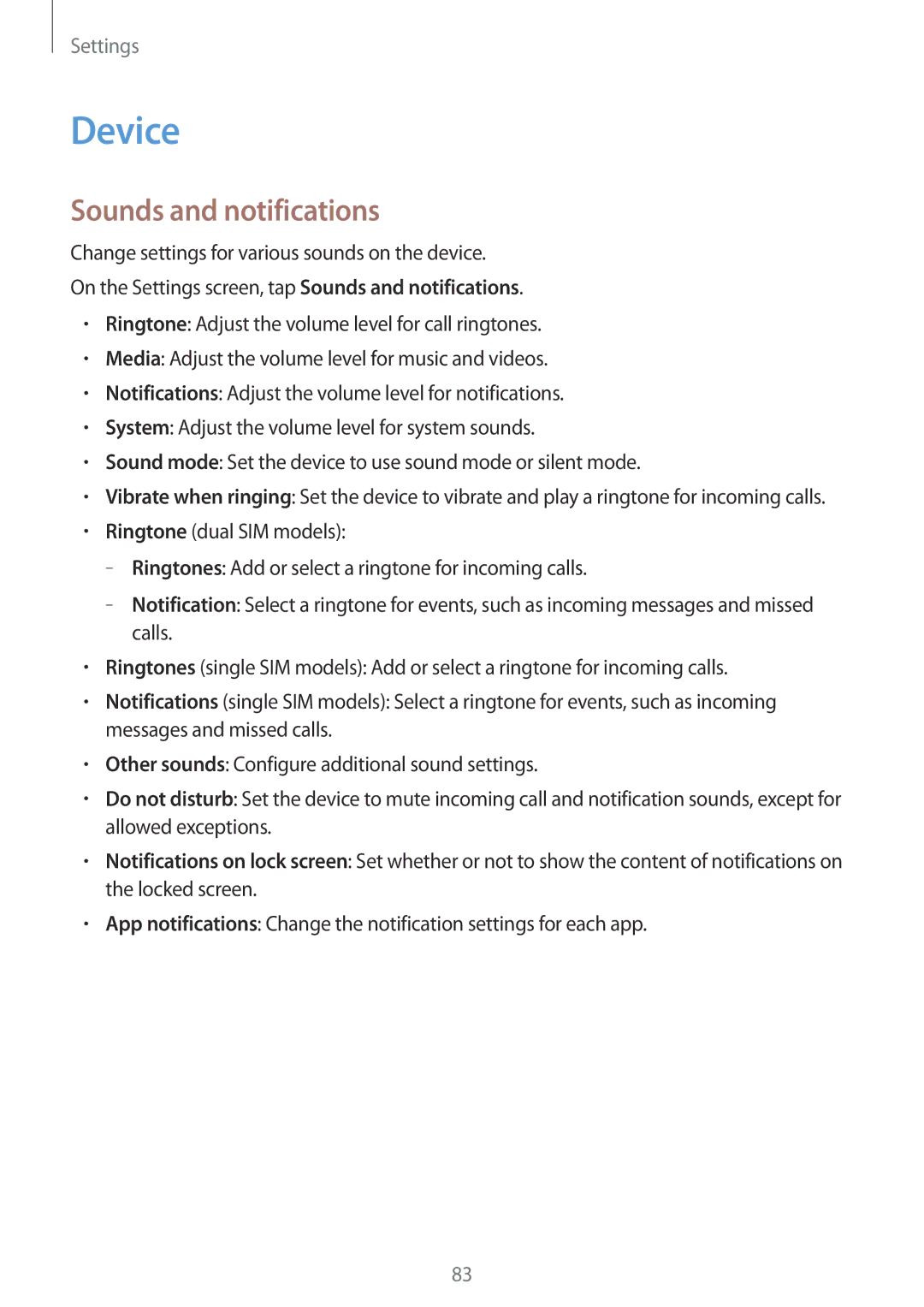 Samsung SM-G531FZWAKSA, SM-G531FZWASEE, SM-G531FZDAKSA, SM-G531FZAASEE, SM-G531FZAAKSA manual Device, Sounds and notifications 