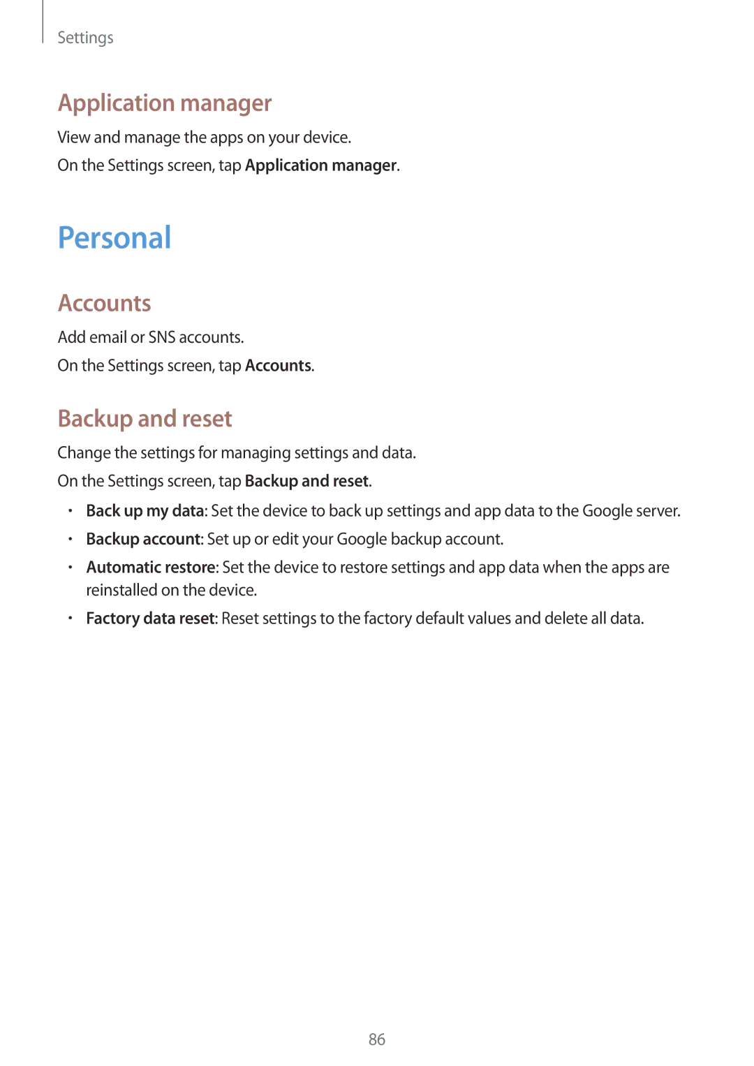 Samsung SM-G531FZAASEE, SM-G531FZWASEE, SM-G531FZDAKSA manual Personal, Application manager, Accounts, Backup and reset 
