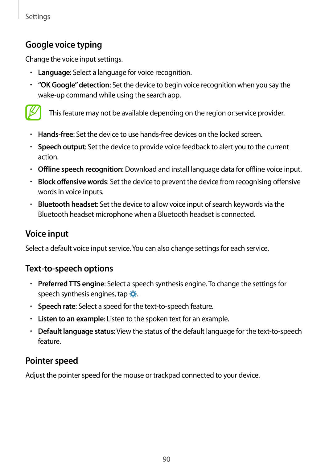 Samsung SM-G531FZWASEE, SM-G531FZDAKSA manual Google voice typing, Voice input, Text-to-speech options, Pointer speed 