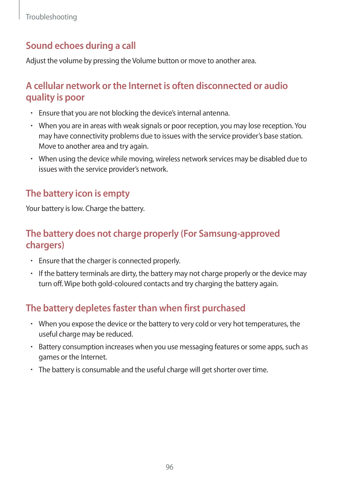 Samsung SM-G531FZWASEE, SM-G531FZDAKSA, SM-G531FZAASEE, SM-G531FZAAKSA, SM-G531FZDASEE manual Sound echoes during a call 