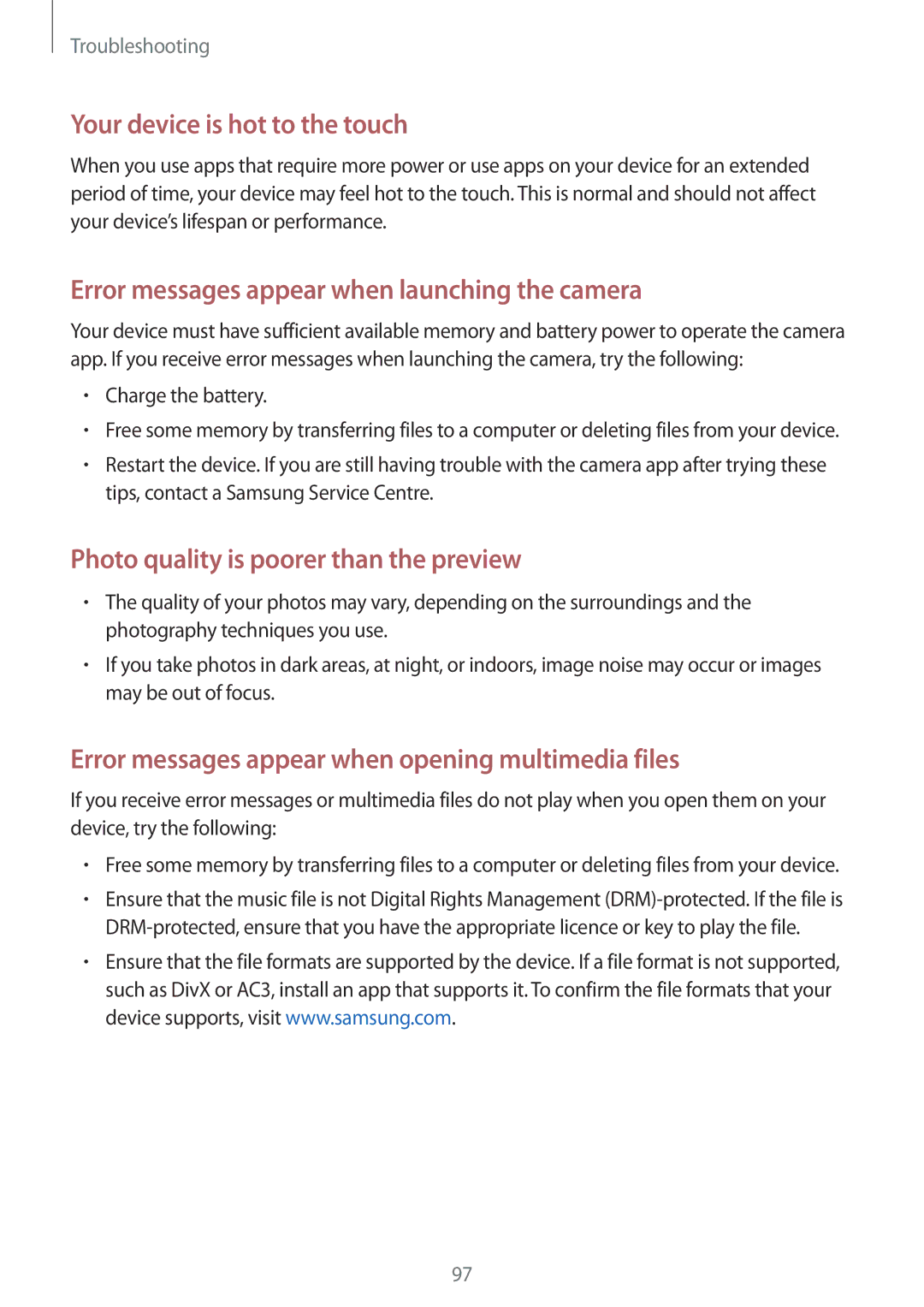 Samsung SM-G531FZDAKSA, SM-G531FZWASEE, SM-G531FZAASEE, SM-G531FZAAKSA, SM-G531FZDASEE manual Your device is hot to the touch 