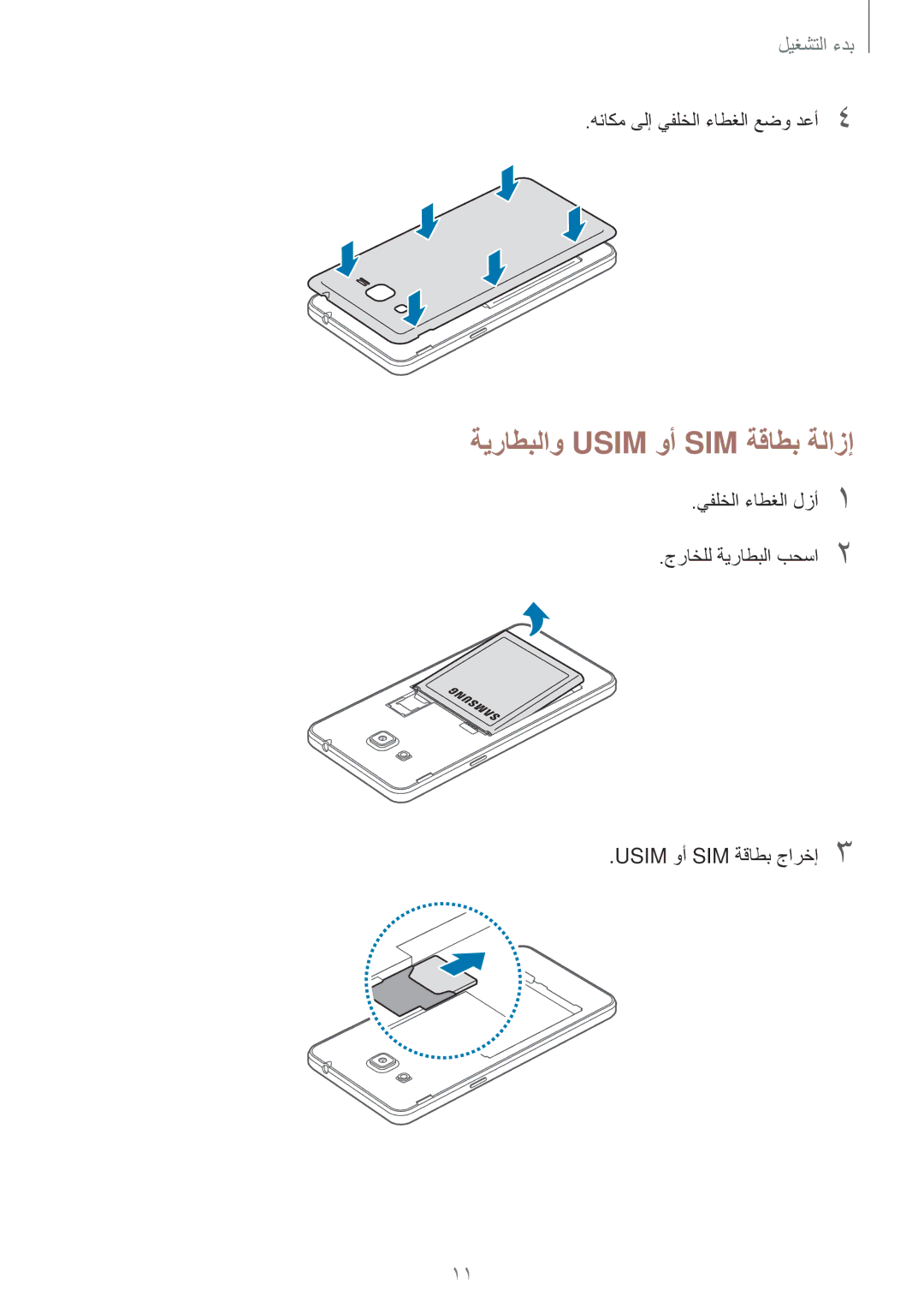 Samsung SM-G531FZWAKSA, SM-G531FZWASEE, SM-G531FZDAKSA, SM-G531FZAASEE, SM-G531FZAAKSA manual ةيراطبلاو Usim وأ SIM ةقاطب ةلازإ 