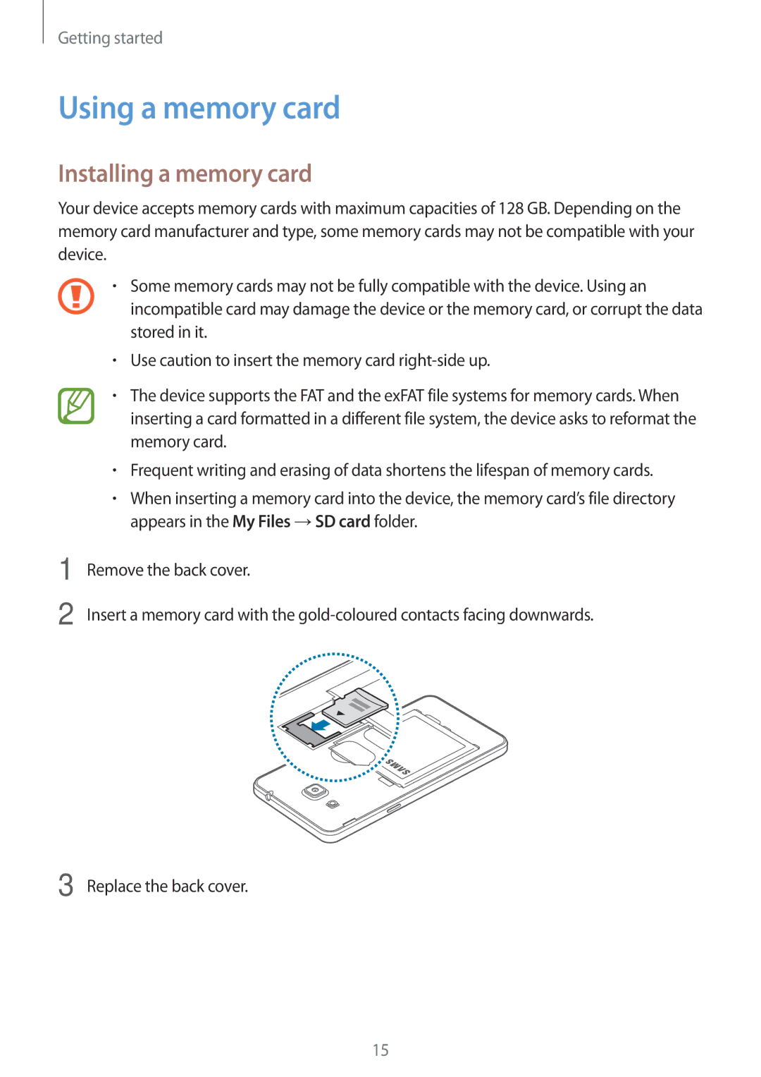 Samsung SM-G531HZADXXV, SM-G531HZADKSA, SM-G531HZDDKSA, SM-G531HZWDKSA manual Using a memory card, Installing a memory card 