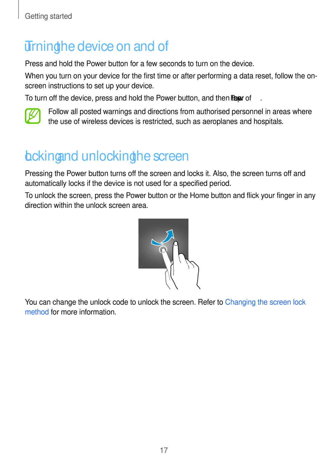 Samsung SM-G531HZDDKSA, SM-G531HZADKSA, SM-G531HZWDKSA manual Turning the device on and off, Locking and unlocking the screen 