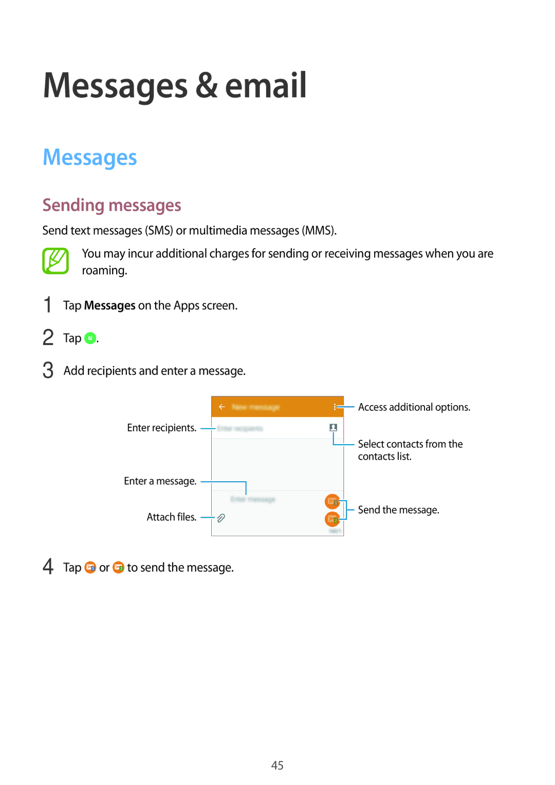 Samsung SM-G531HZDDKSA, SM-G531HZADKSA, SM-G531HZWDKSA, SM-G531HZADXXV manual Messages & email, Sending messages 