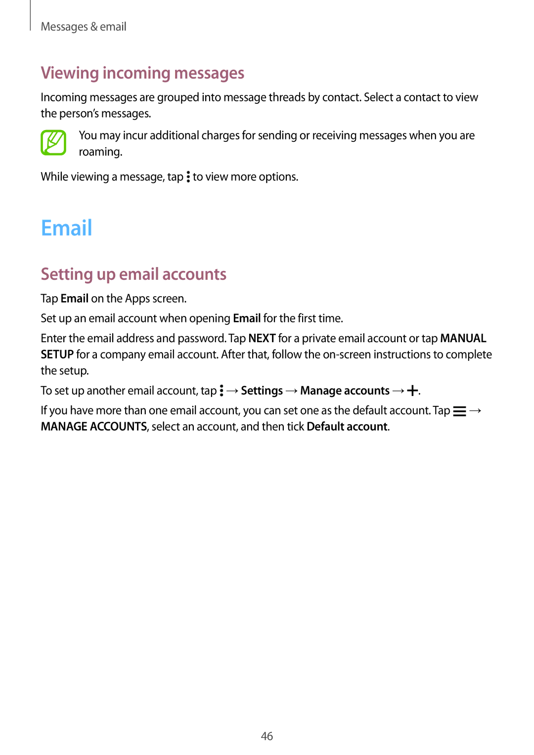 Samsung SM-G531HZWDKSA, SM-G531HZADKSA, SM-G531HZDDKSA, SM-G531HZADXXV Viewing incoming messages, Setting up email accounts 