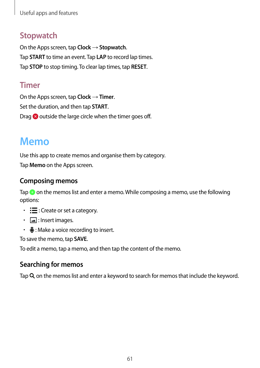 Samsung SM-G531HZDDKSA, SM-G531HZADKSA, SM-G531HZWDKSA manual Memo, Stopwatch, Timer, Composing memos, Searching for memos 