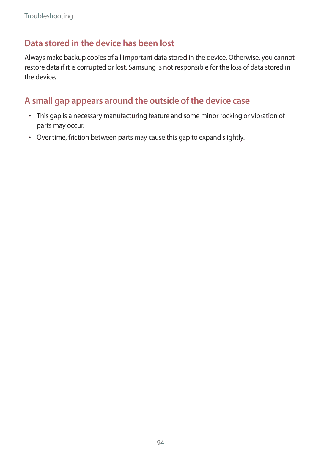 Samsung SM-G531HZWDKSA, SM-G531HZADKSA, SM-G531HZDDKSA, SM-G531HZADXXV manual Data stored in the device has been lost 