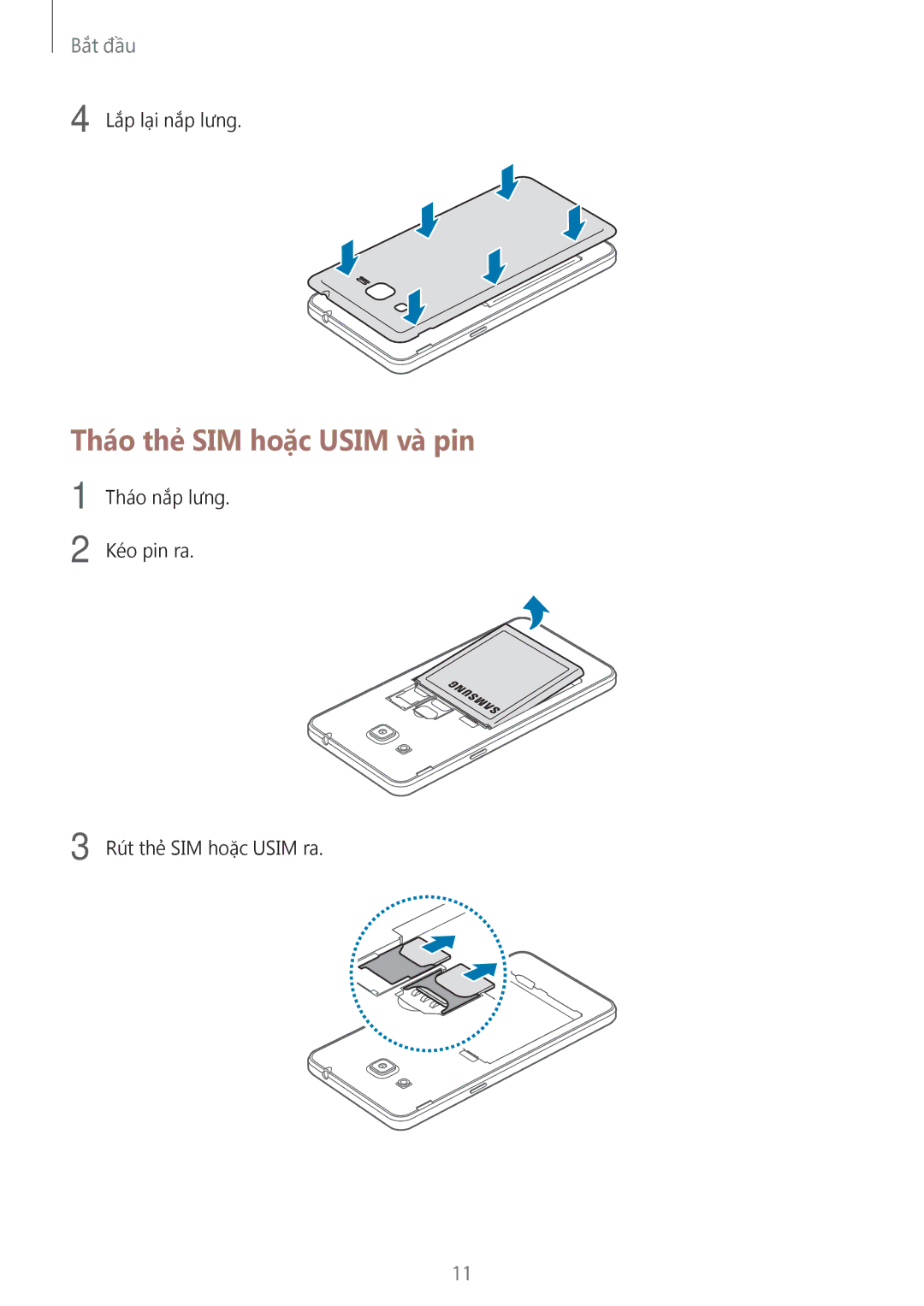 Samsung SM-G531HZADXXV manual Tháo thẻ SIM hoặc Usim và pin 