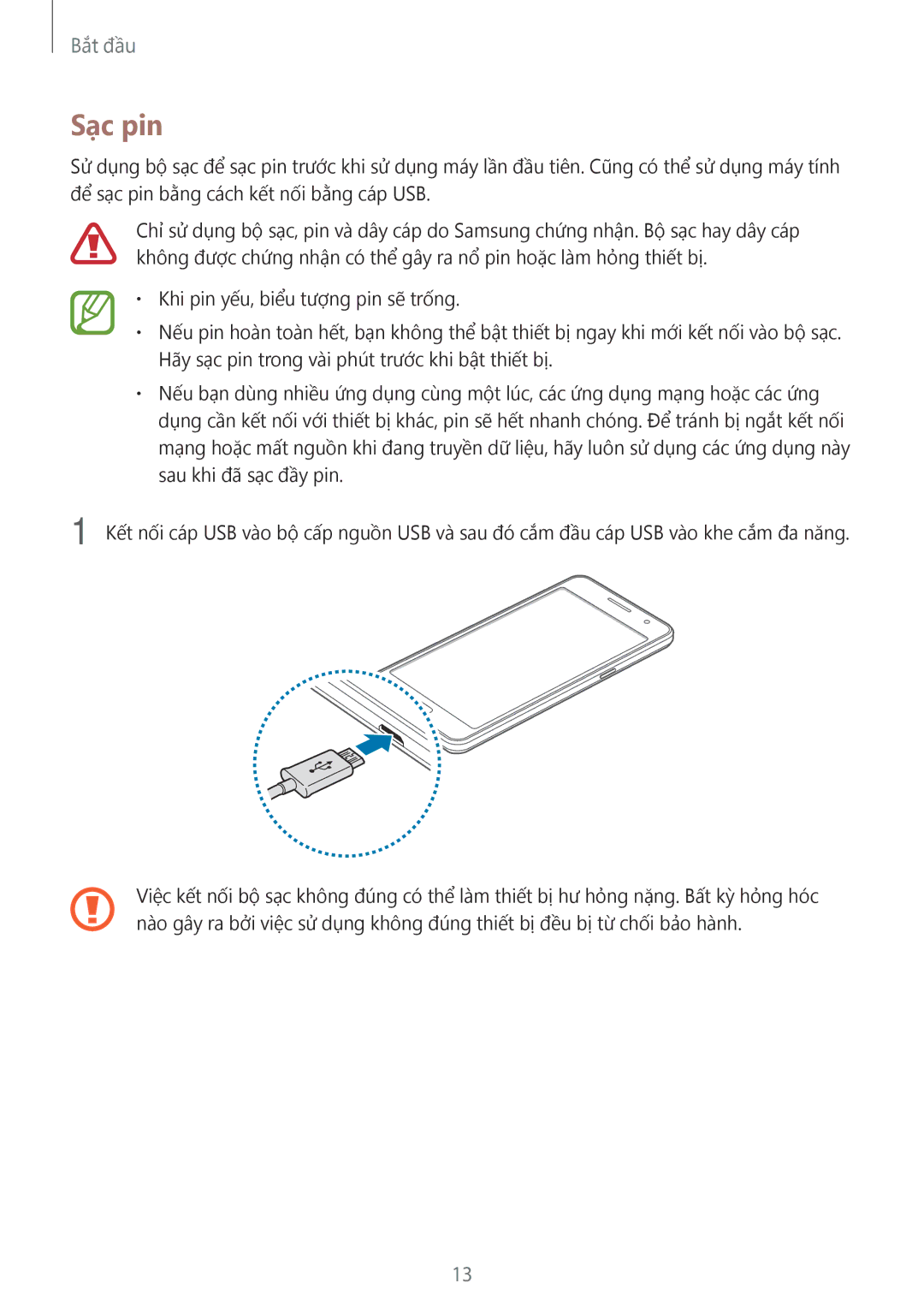 Samsung SM-G531HZADXXV manual Sạc pin, Hãy sạc pin trong vài phút trước khi bật thiết bị 