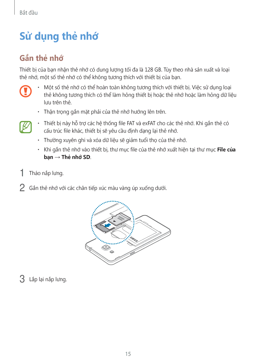 Samsung SM-G531HZADXXV manual Sử dụng thẻ nhớ, Gắn thẻ nhớ 