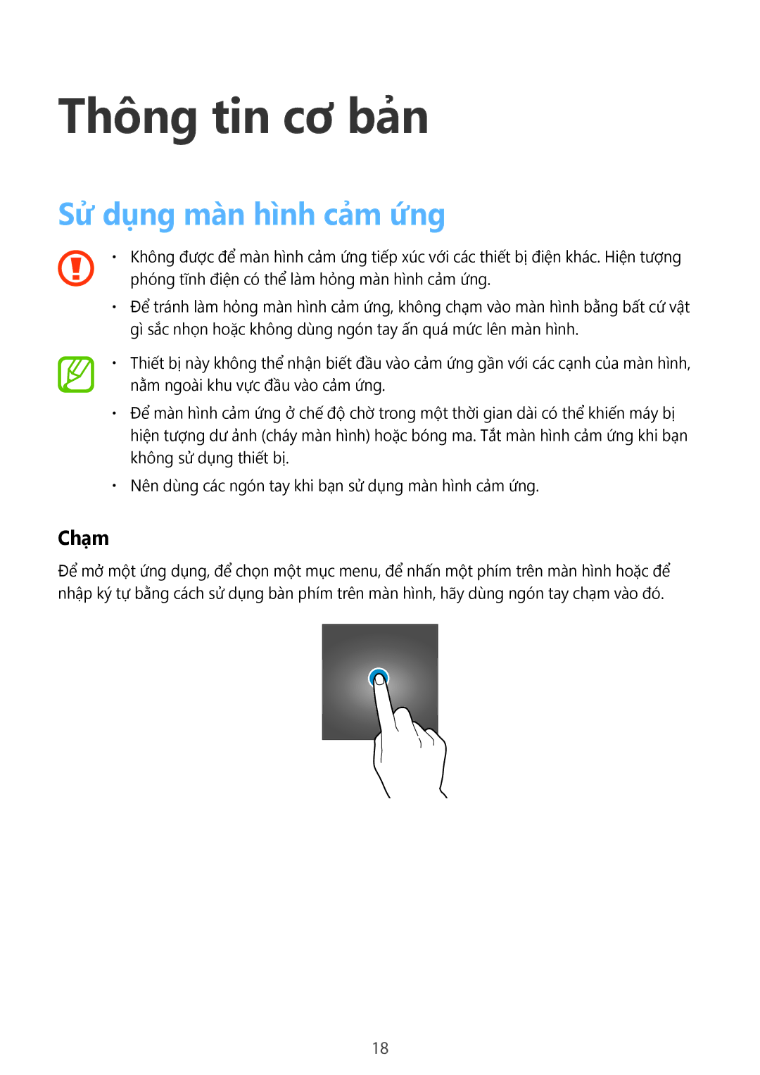 Samsung SM-G531HZADXXV manual Thông tin cơ bản, Sử dụng màn hình cảm ứng, Chạm 