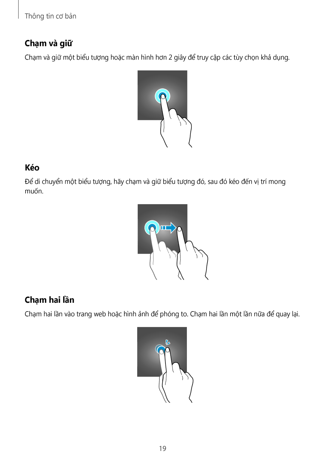 Samsung SM-G531HZADXXV manual Chạm và giữ, Kéo, Chạm hai lần 
