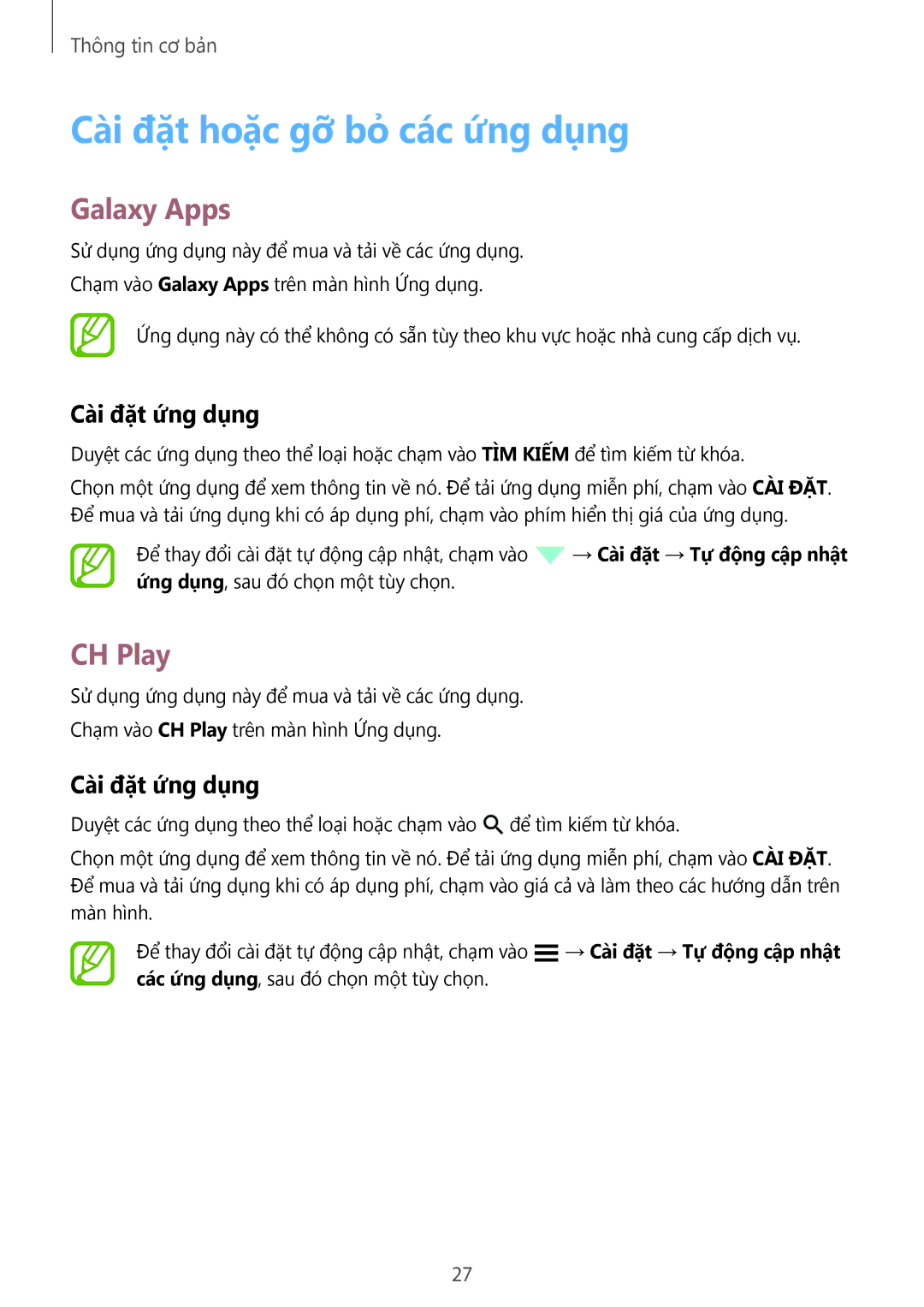 Samsung SM-G531HZADXXV manual Cài đặt hoặc gỡ bỏ các ứng dụng, Galaxy Apps, CH Play, Cài đặt ứng dụng 