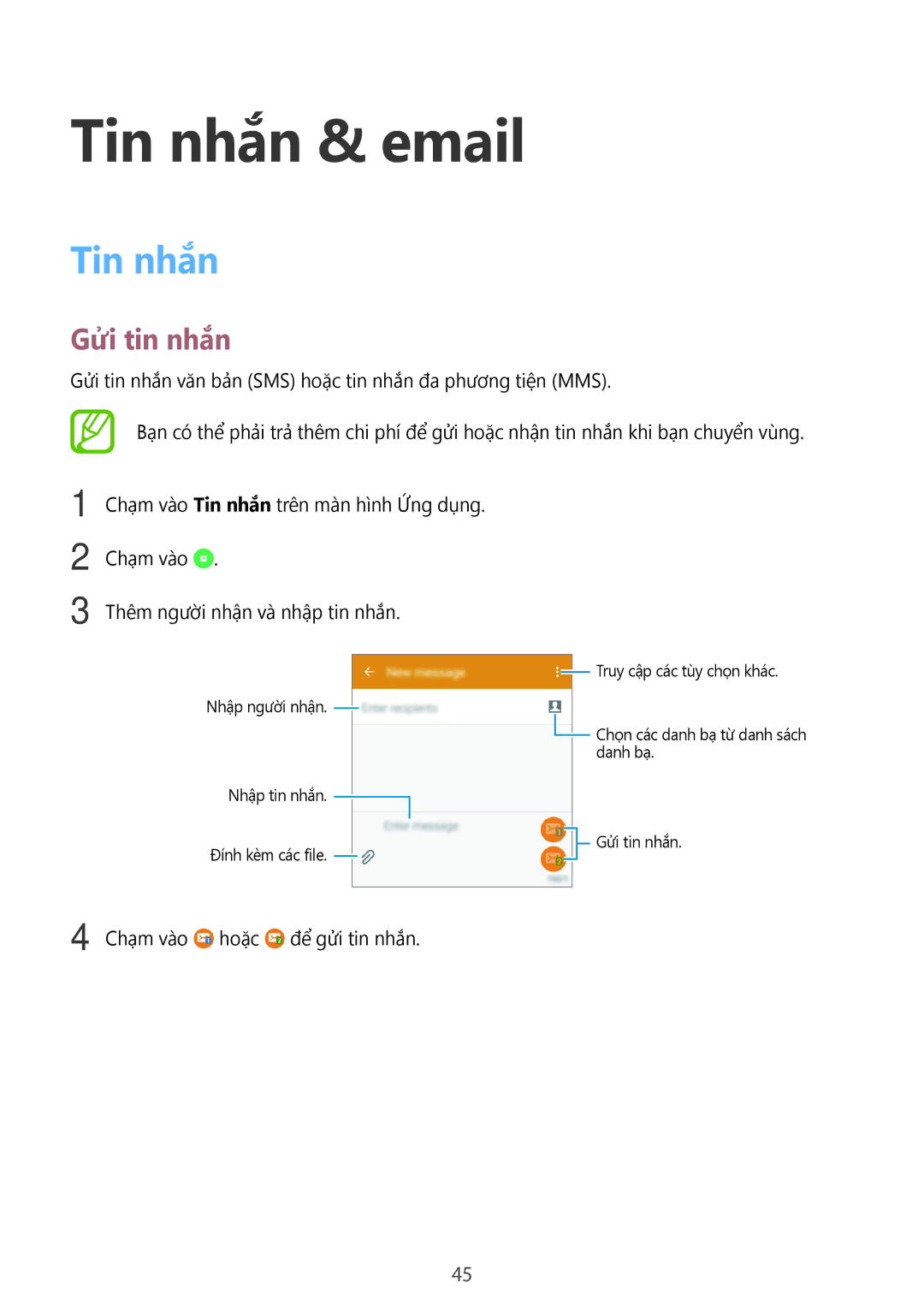 Samsung SM-G531HZADXXV manual Tin nhắn & email, Gửi tin nhắn 