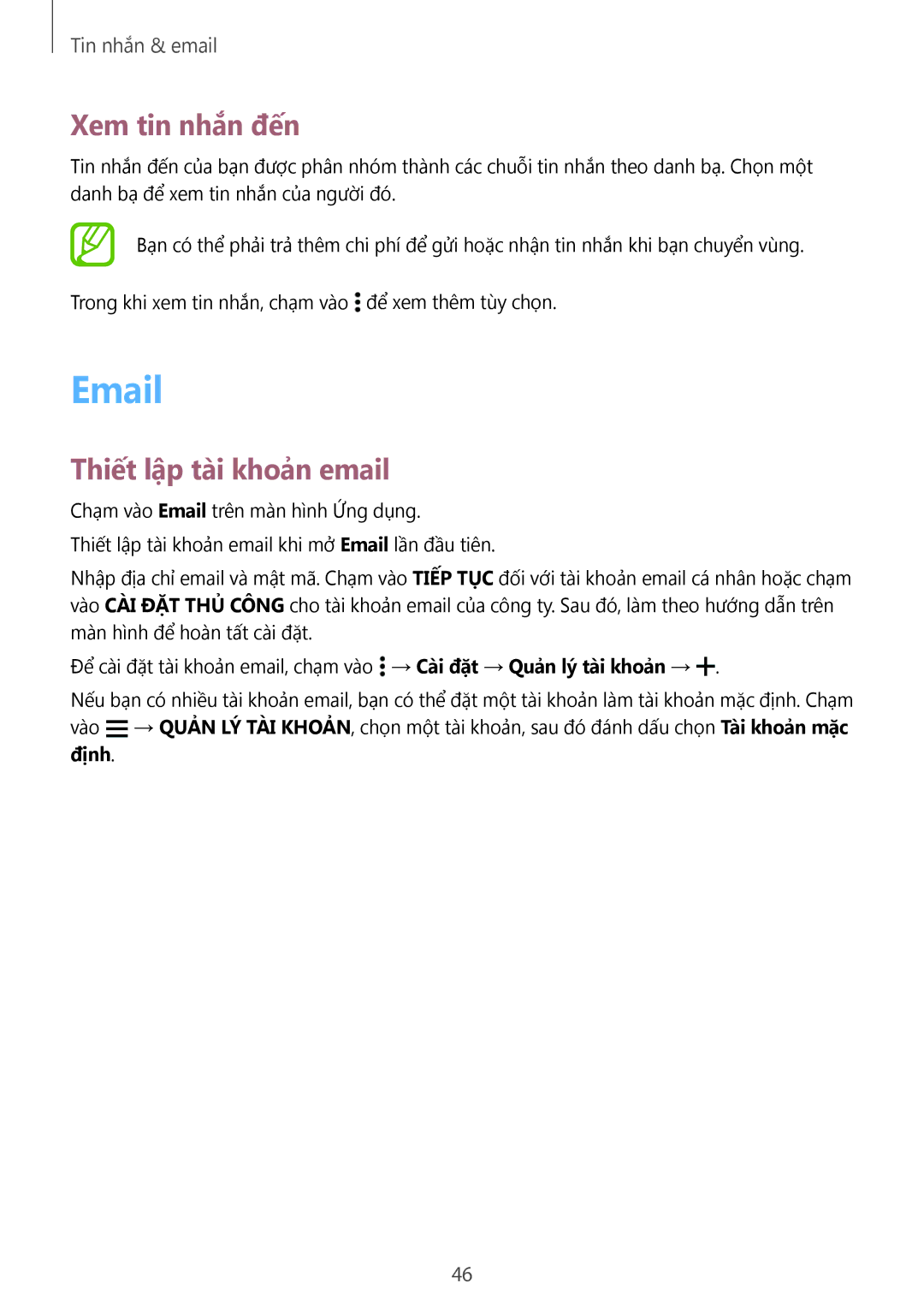 Samsung SM-G531HZADXXV manual Xem tin nhắn đến, Thiết lập tài khoản email 
