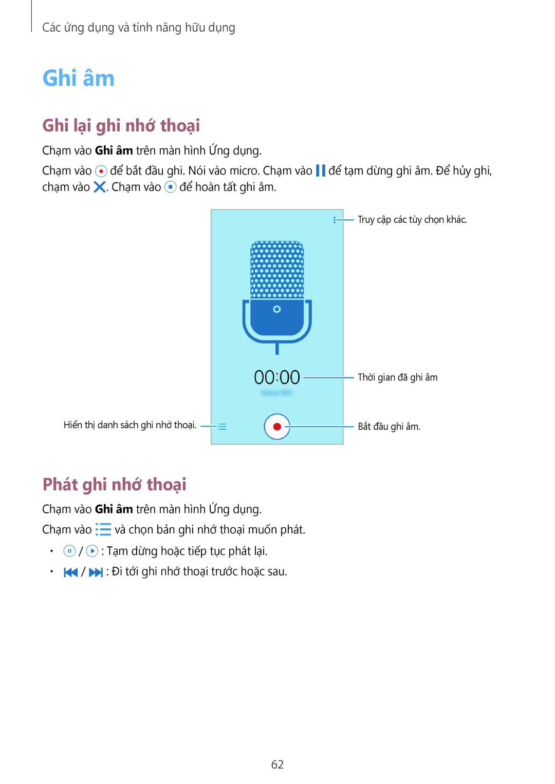 Samsung SM-G531HZADXXV manual Ghi âm, Ghi lại ghi nhớ thoại, Phát ghi nhớ thoại 