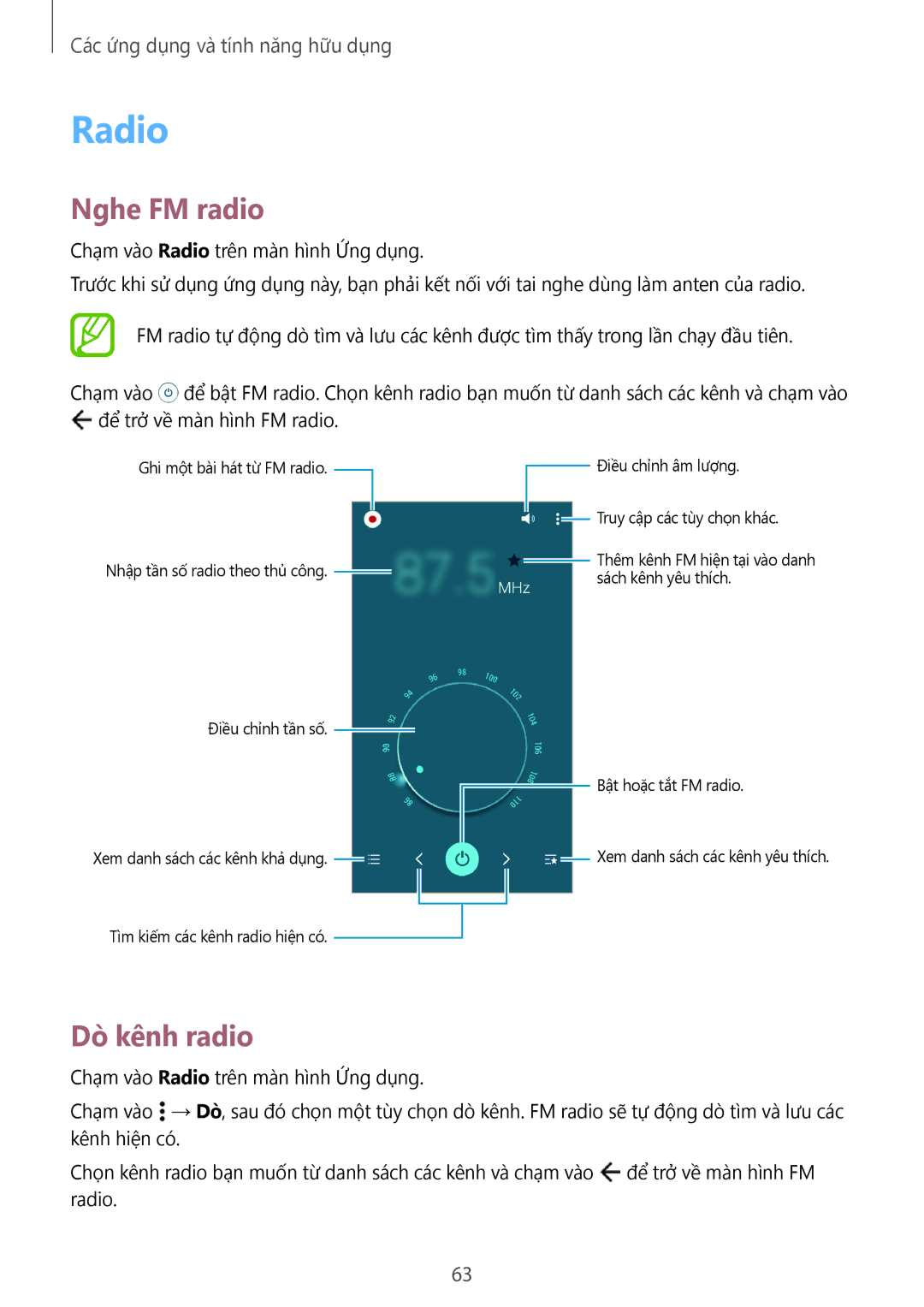 Samsung SM-G531HZADXXV manual Radio, Nghe FM radio, Dò kênh radio 