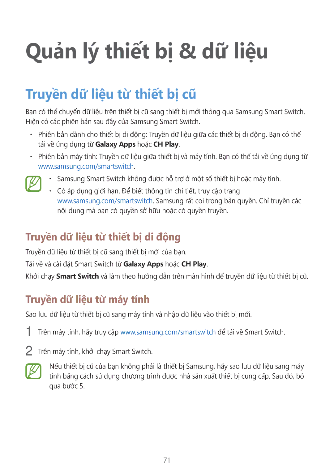 Samsung SM-G531HZADXXV manual Quản lý thiết bị & dữ liệu, Truyền dữ liệu từ thiết bị cũ, Truyền dữ liệu từ thiết bị di động 
