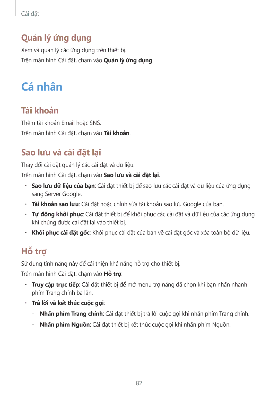 Samsung SM-G531HZADXXV manual Cá nhân, Tài khoản, Sao lưu và cai đặt lại, Hỗ trợ 