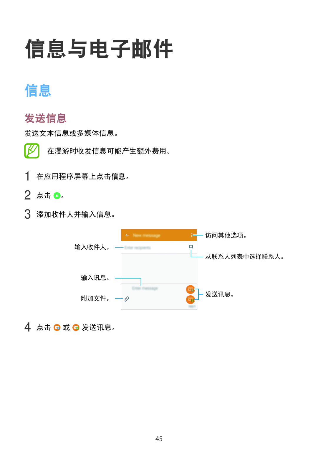 Samsung SM-G531HZADXXV manual 信息与电子邮件, 发送信息, 点击 或 发送讯息。 