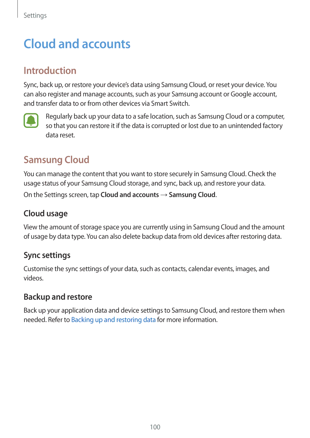 Samsung SM-G532FZDDKSA, SM-G532FZIDKSA Cloud and accounts, Samsung Cloud, Cloud usage, Sync settings, Backup and restore 