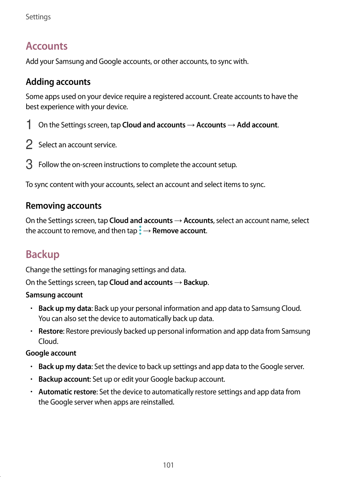 Samsung SM-G532FZSDKSA, SM-G532FZIDKSA, SM-G532FZDDKSA, SM-G532FZKDKSA Accounts, Backup, Adding accounts, Removing accounts 