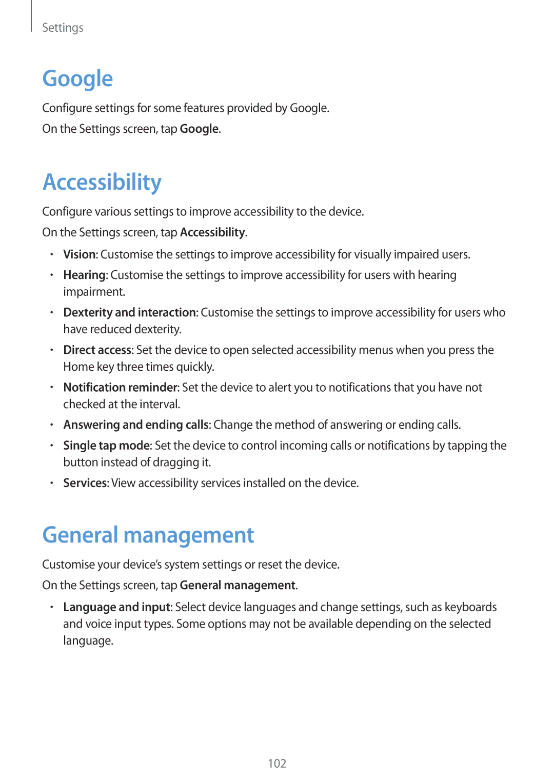 Samsung SM-G532FZKDKSA, SM-G532FZIDKSA, SM-G532FZDDKSA, SM-G532FZSDKSA manual Google, Accessibility, General management 