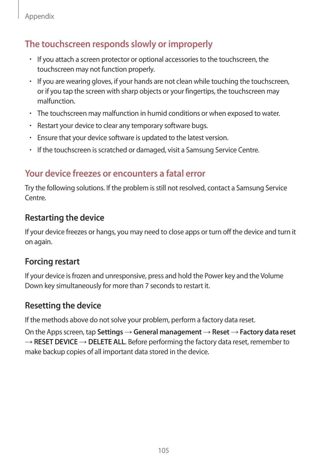 Samsung SM-G532FZKAILO, SM-G532FZIDKSA, SM-G532FZDDKSA manual Restarting the device, Forcing restart, Resetting the device 