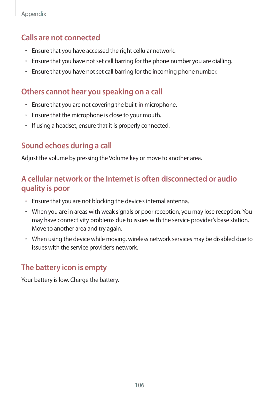 Samsung SM-G532FZKDSER, SM-G532FZIDKSA, SM-G532FZDDKSA, SM-G532FZSDKSA, SM-G532FZKDKSA manual Sound echoes during a call 