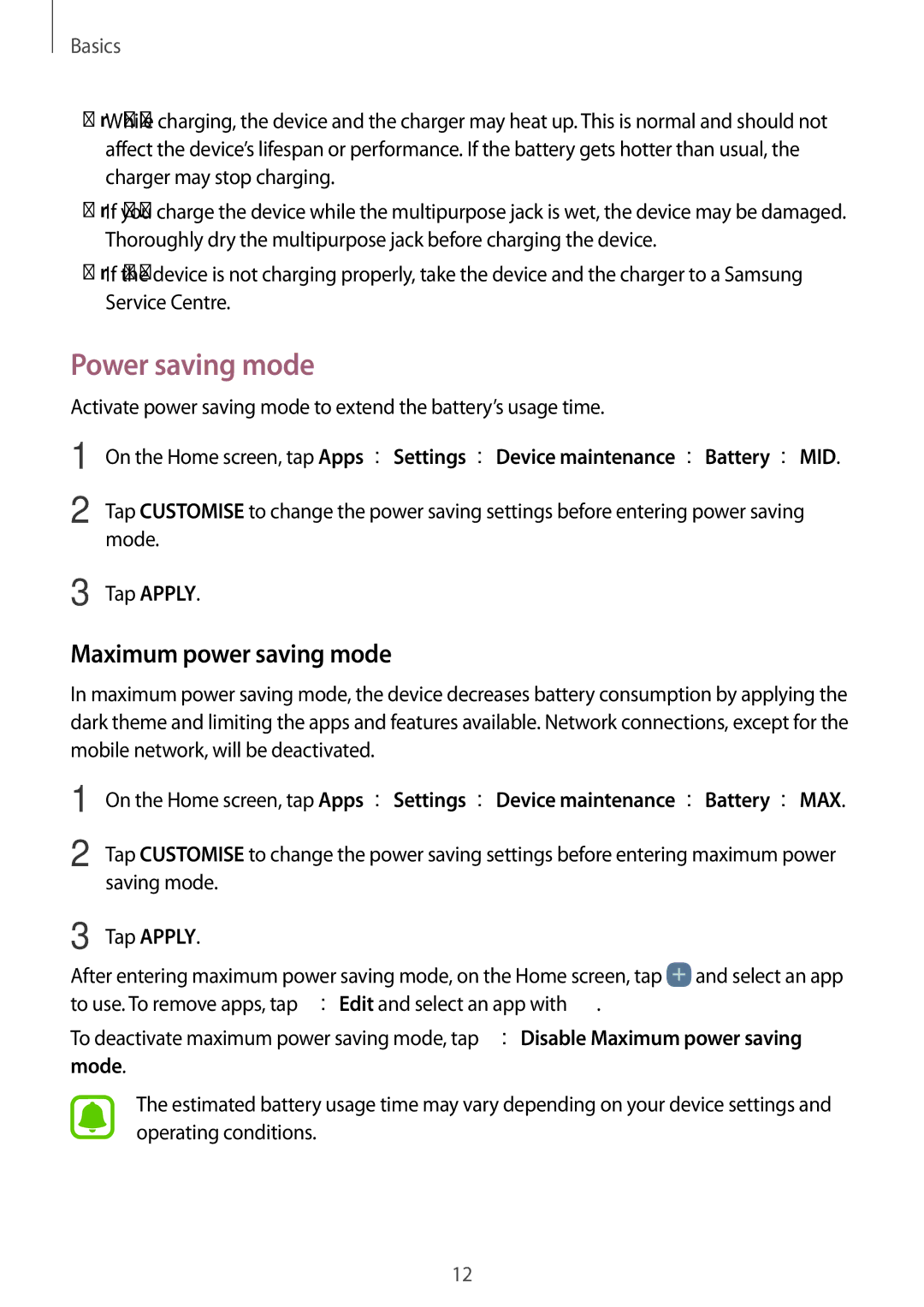 Samsung SM-G532FZKDKSA, SM-G532FZIDKSA, SM-G532FZDDKSA, SM-G532FZSDKSA Power saving mode, Maximum power saving mode, Mode 