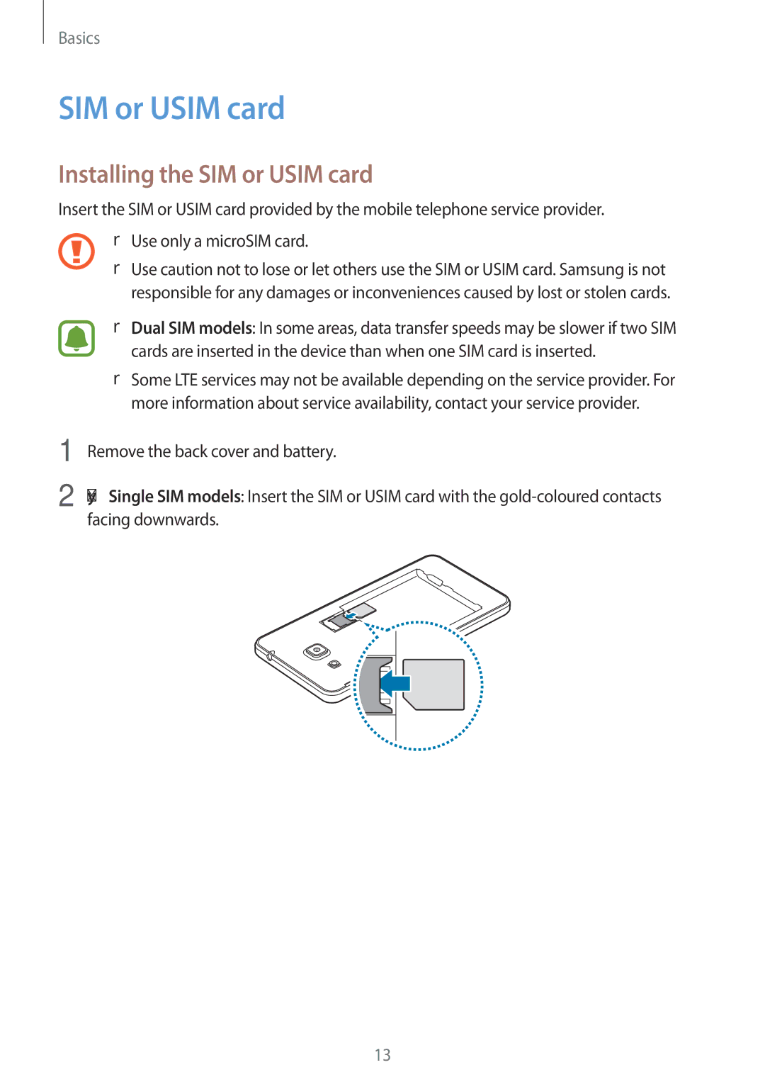 Samsung SM-G532GZDDXXV, SM-G532FZIDKSA, SM-G532FZDDKSA, SM-G532FZSDKSA, SM-G532FZKDKSA Installing the SIM or Usim card 