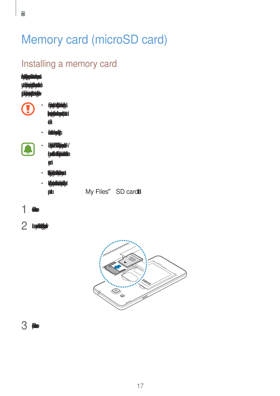 Samsung SM-G532FZDDSER, SM-G532FZIDKSA, SM-G532FZDDKSA, SM-G532FZSDKSA Memory card microSD card, Installing a memory card 