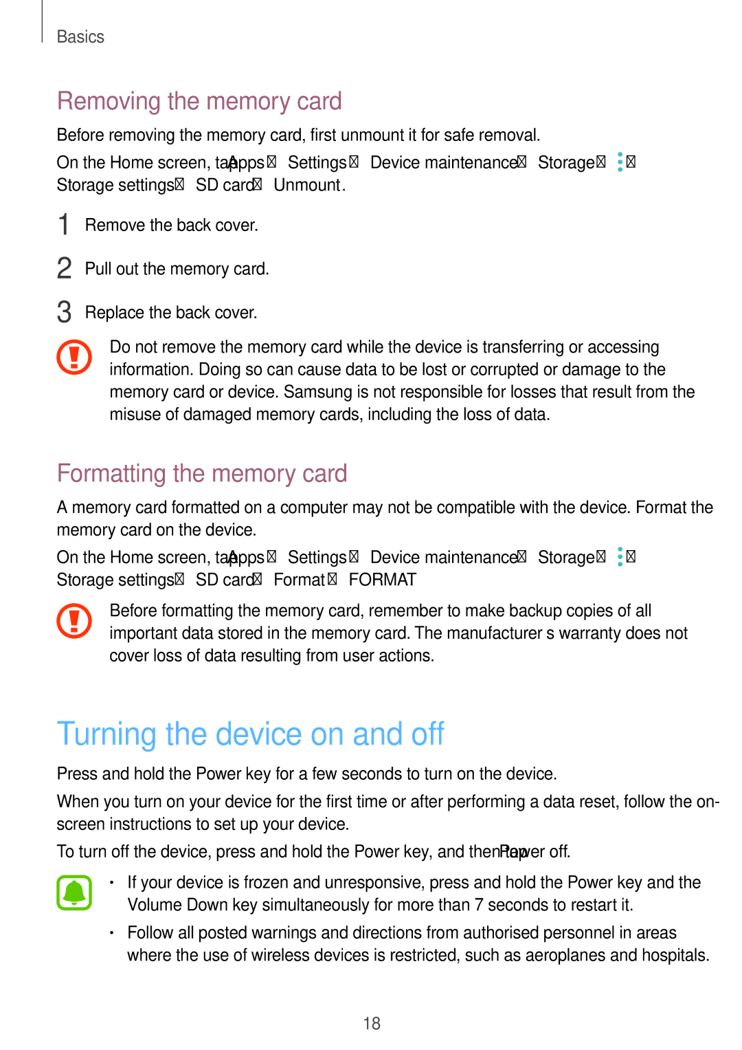 Samsung SM-G532FZIDKSA, SM-G532FZDDKSA Turning the device on and off, Removing the memory card, Formatting the memory card 