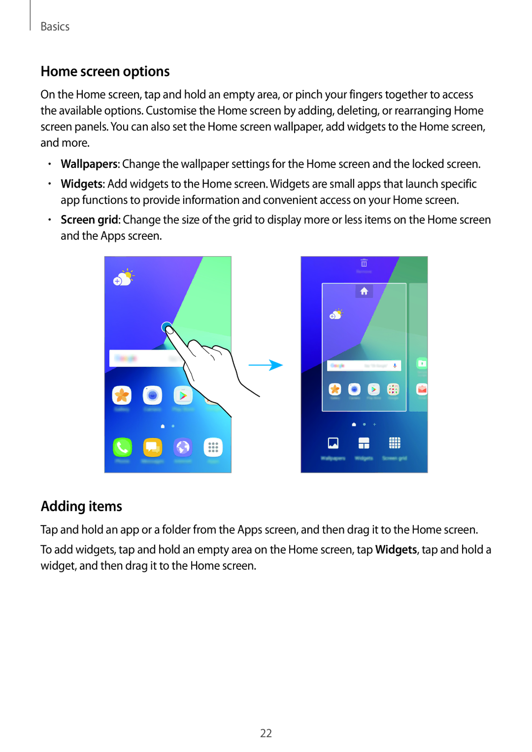 Samsung SM-G532GZDDXXV, SM-G532FZIDKSA, SM-G532FZDDKSA, SM-G532FZSDKSA, SM-G532FZKDKSA manual Home screen options, Adding items 