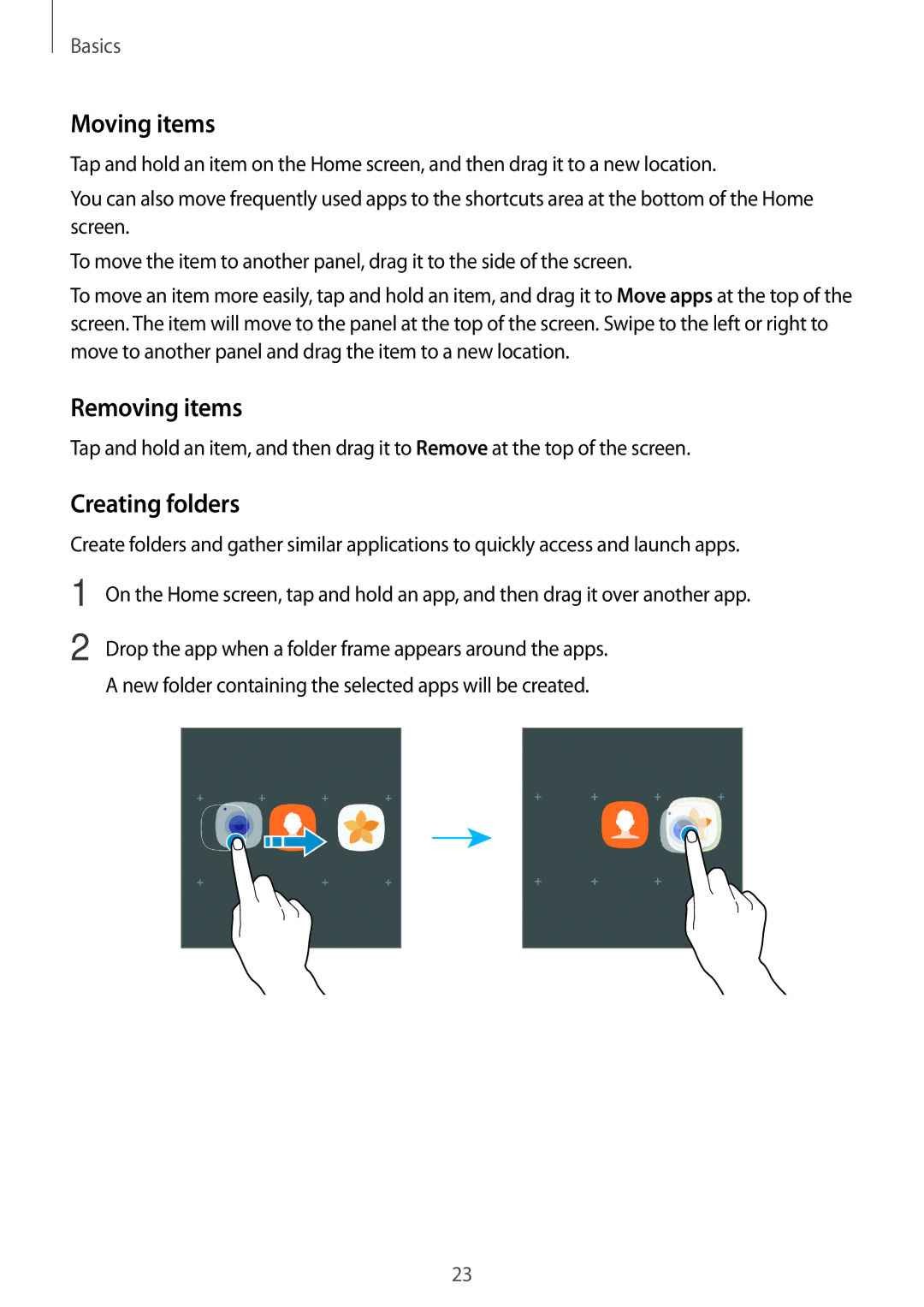 Samsung SM-G532GZIDXXV, SM-G532FZIDKSA, SM-G532FZDDKSA, SM-G532FZSDKSA manual Moving items, Removing items, Creating folders 