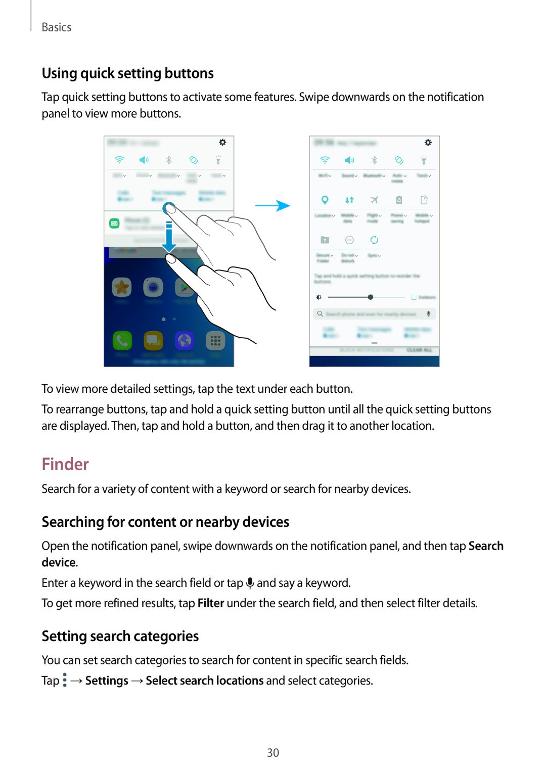 Samsung SM-G532FZKDKSA, SM-G532FZIDKSA manual Finder, Using quick setting buttons, Searching for content or nearby devices 